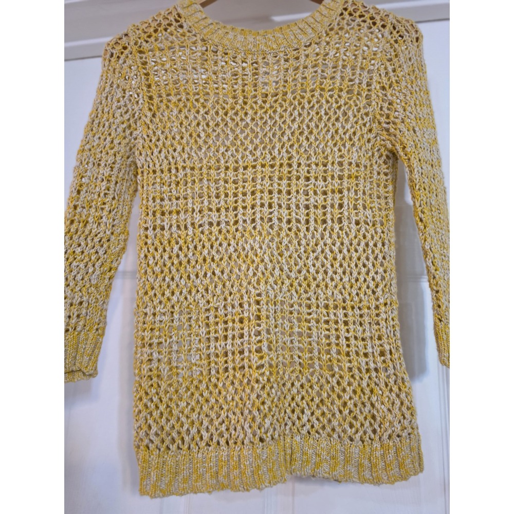 Rubbish Womens XS Yellow White Open Knit Crochet Sweater 3/4 Sleeve Crew Neck